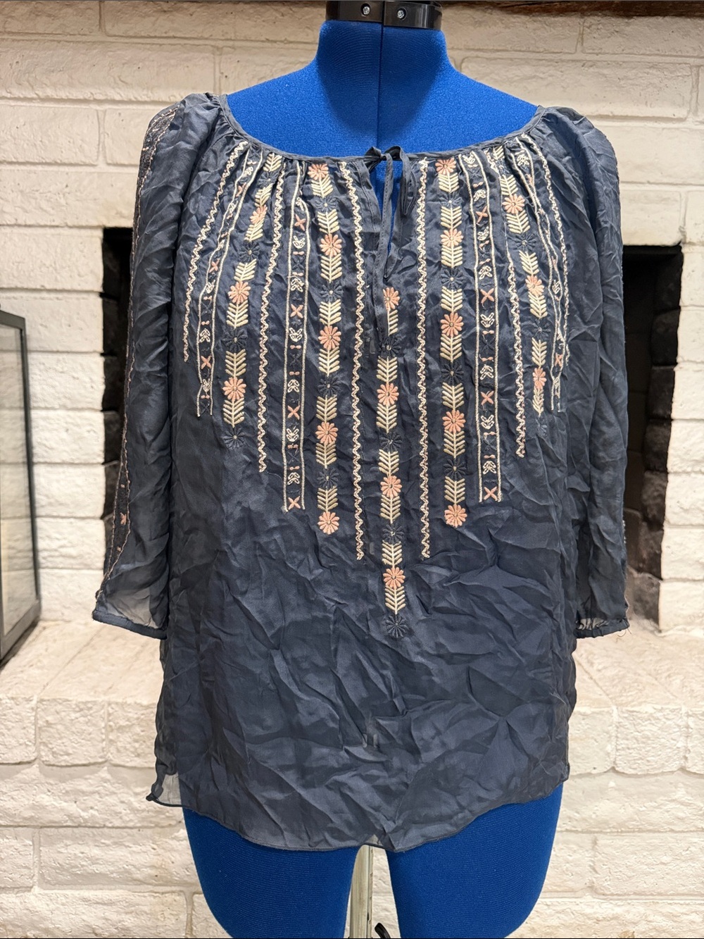 Women's Navy Embroidered Peasant Blouse with Tie Neck